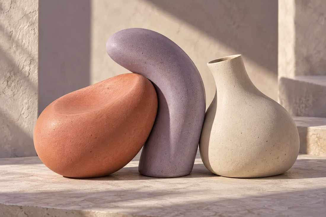 Coral and lilac ceramic forms in warm light