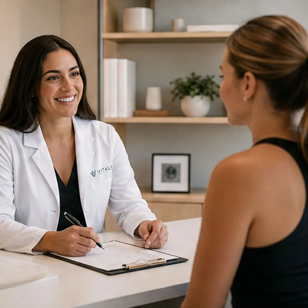 A physician and a woman talking during a consultation